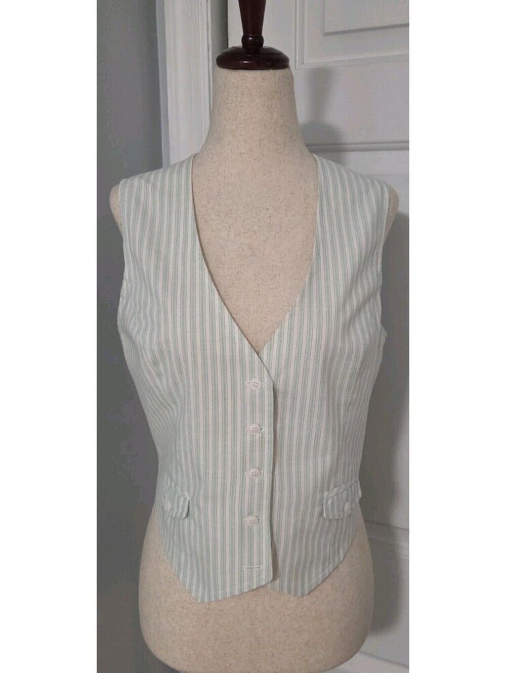Panther White Green Blue Striped Cotton Vest Top Vintage 70s 80s *READ*